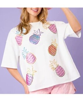 Fantastic Fawn Sequin Pineapple Tee Short Sleeve White Colorful Size Small